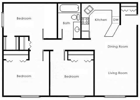 Floor plan for 3 beds, 1 bath, 1008 sqft